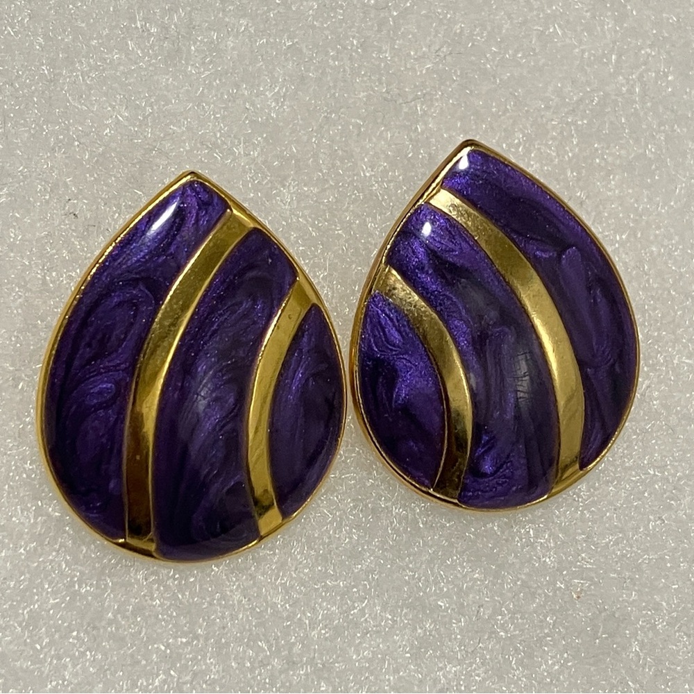 Vintage Purple Swirl Enamel Gold Tone Trim Teardrop Post Earrings